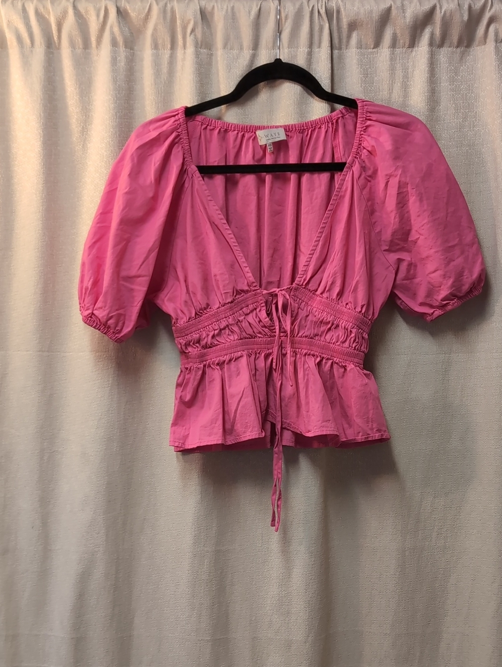 WAYF | Smocked Tie-Front Puff-Sleeve Peplum Top